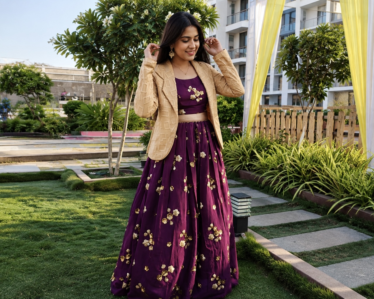 Silk lehenga with zari border stitching